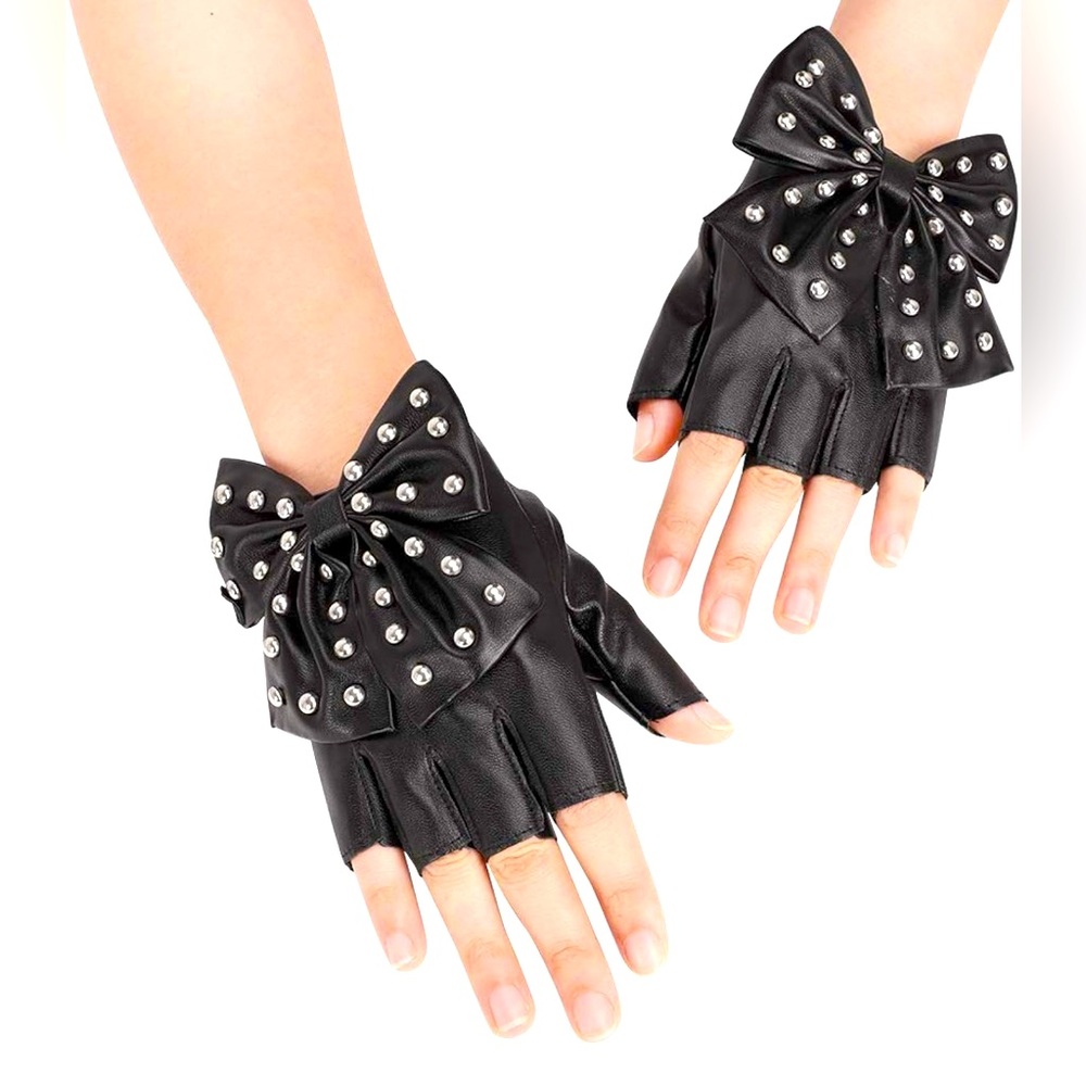 Leatherette Studded Bow Gloves